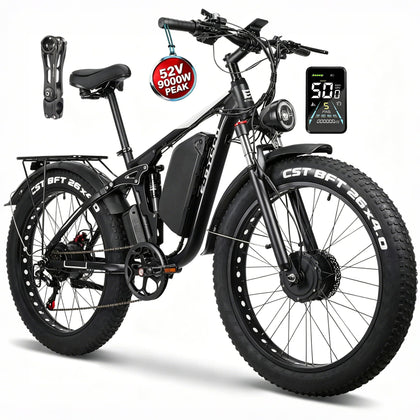 (26" EB7Pro White+Handlebar Riser) Dual Motor Electric Bike for Adults, 9000W Peak 52V 32AH, 100Mile & 45MPH E Bike