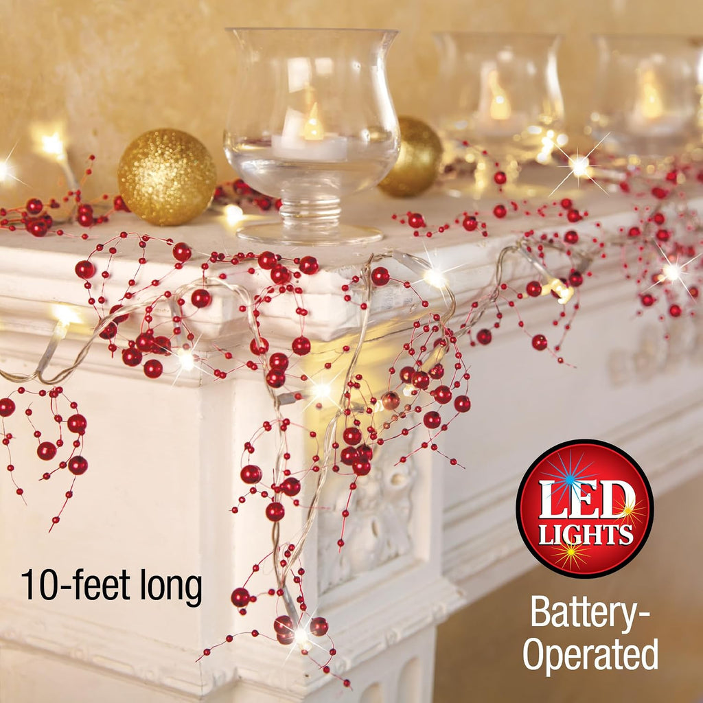 Indoor Christmas Decorations, Festive Lighted Berry Beaded Garland Red- 120" L