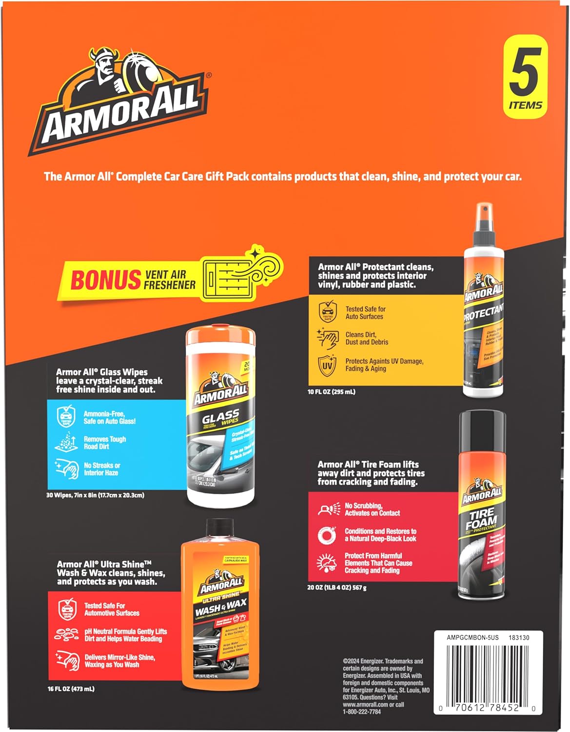 Car Wash and Car Cleaner Kit by Armor All, Includes Glass Wipes, Car Wash & Wax Concentrate, Protectant Spray and