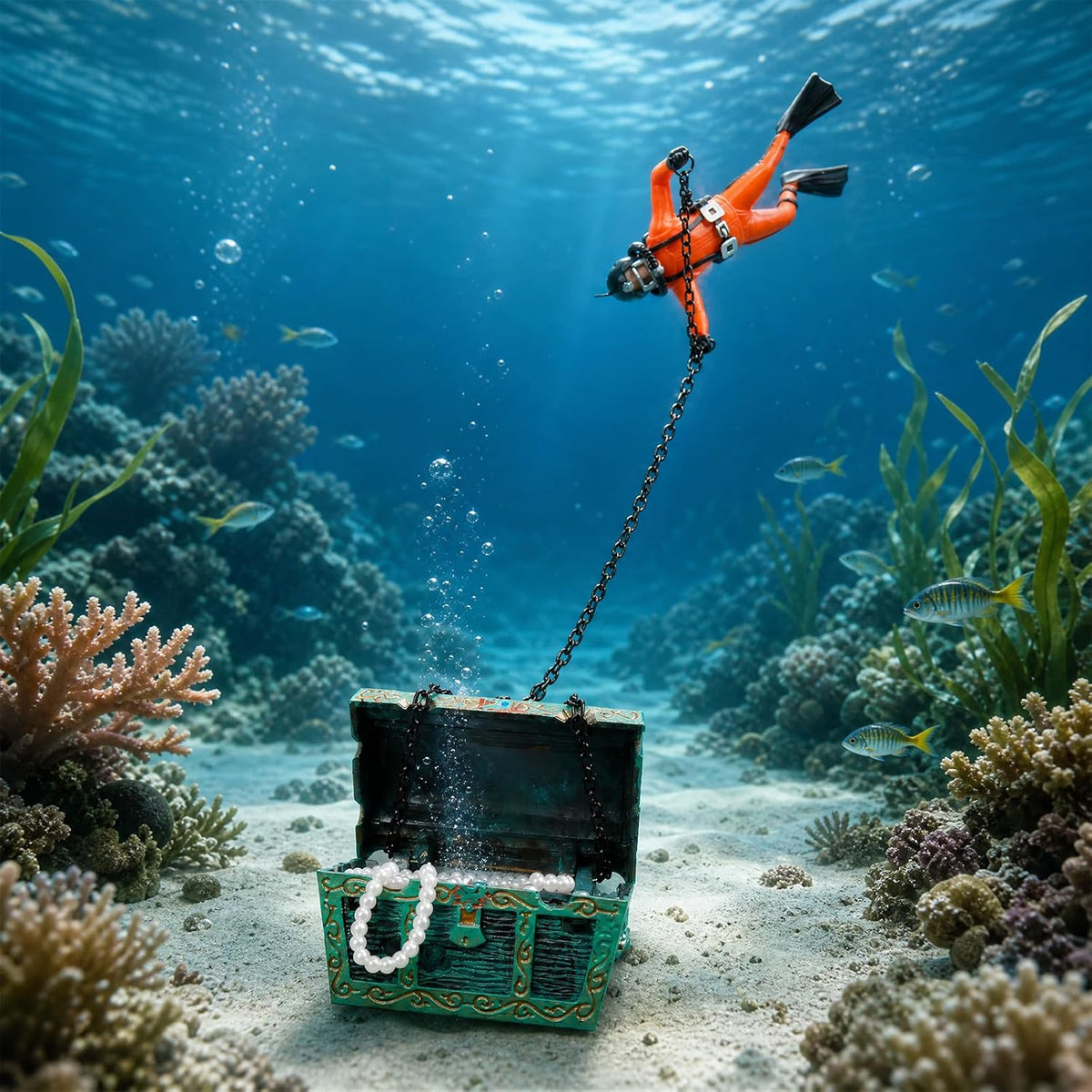 Live-Action Aquarium Ornament Creative Undersea Treasure Chest Diver Air Bubbler Aerating for Fish Tank Decorations