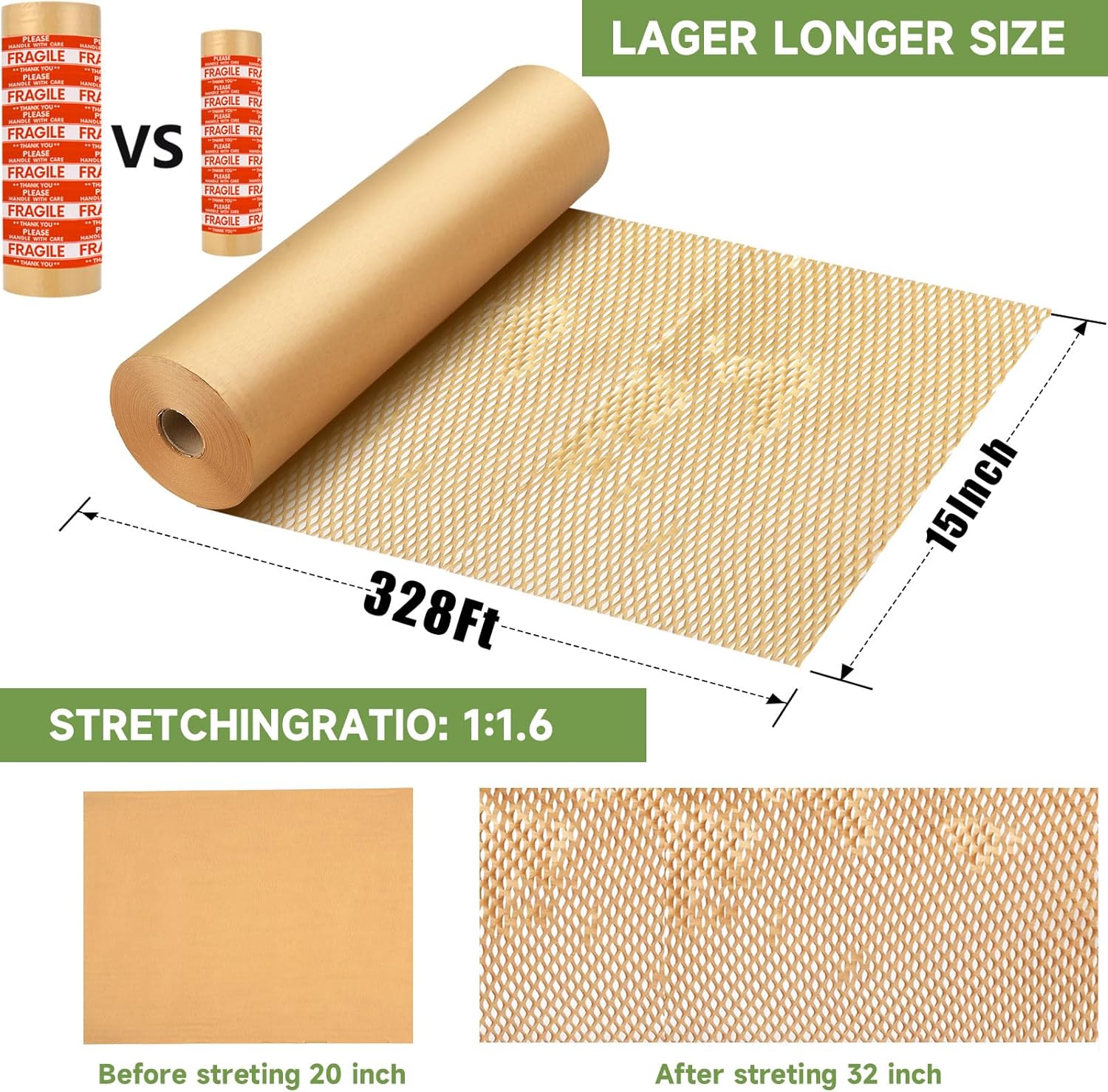 Honeycomb Packing Paper Wrap 15''x328', Substitute Alternative for Bubble Cushioning Wrap for Moving Shipping