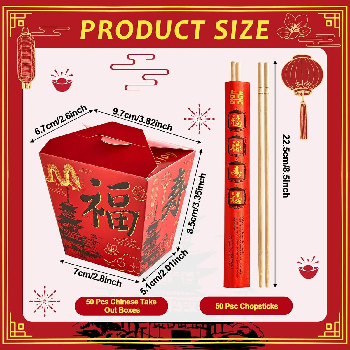 50 Sets Red Chinese Take Out Food Boxes with Chopsticks