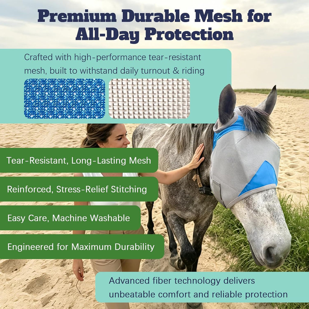 Horse Fly Mask Without Ears, Breathable Mesh UV Protection, Soft Fleece Trim, Adjustable Secure Fit, No Eye Rubbing