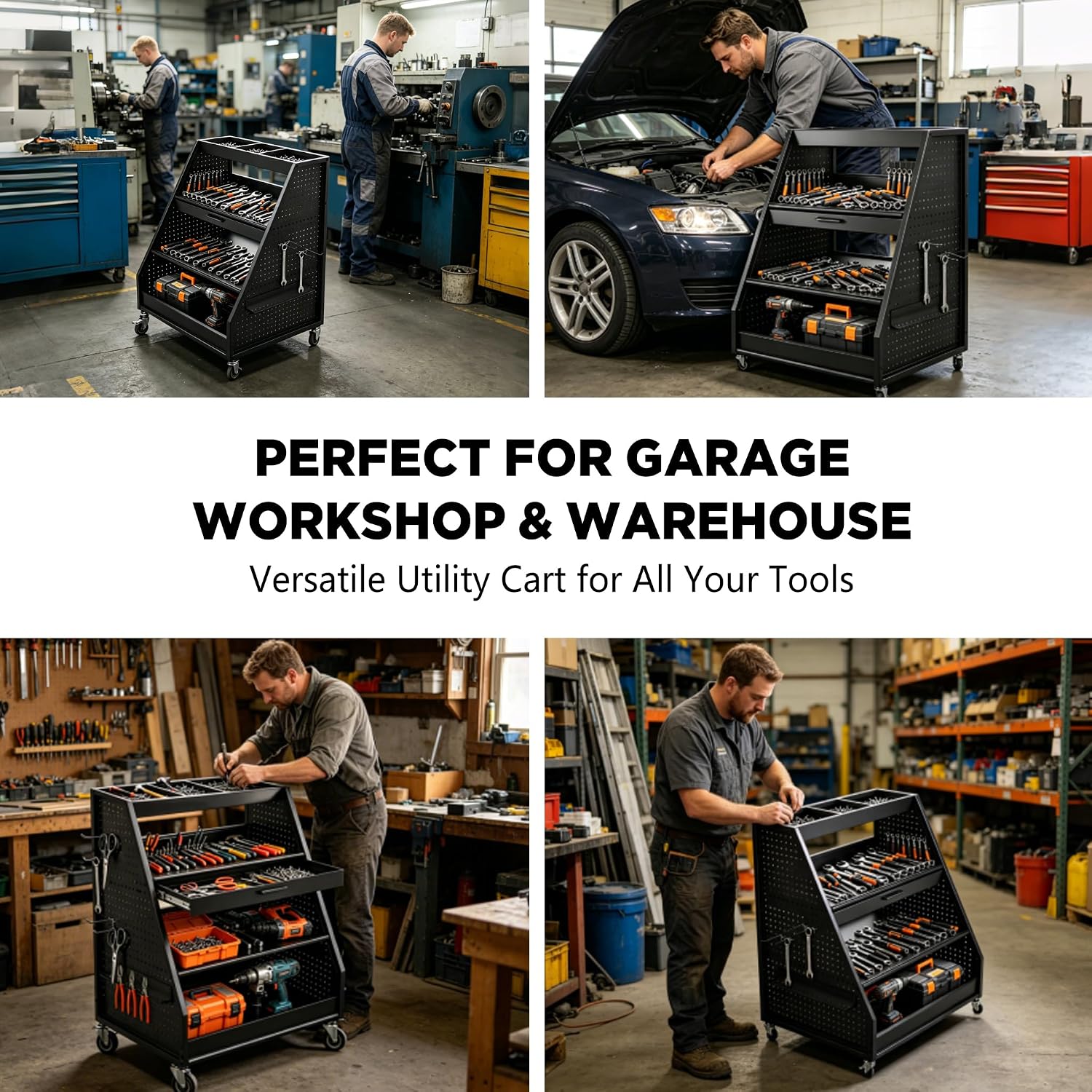 4-Tier Heavy Duty Rolling Tool Cart with Pegboard & Sliding Tray, 440 LBS Load Capacity Steel Utility Cart on