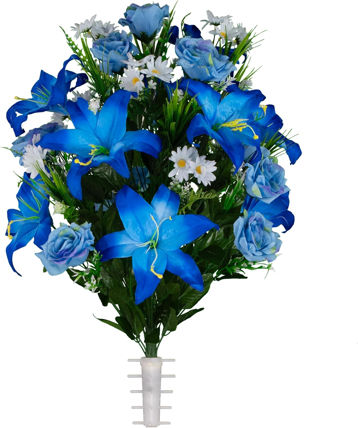 Artificial Cemetery Flowers - Gravesite Flowers - Blue Lily and Rose with White Daisies
