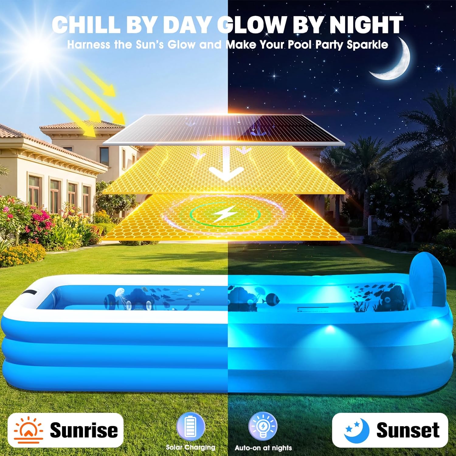 Extra Large Inflatable Pool with Lights,Upgraded Solar Powered Blow Up Pool for Adults,Inflatable Kids Swimming Pool