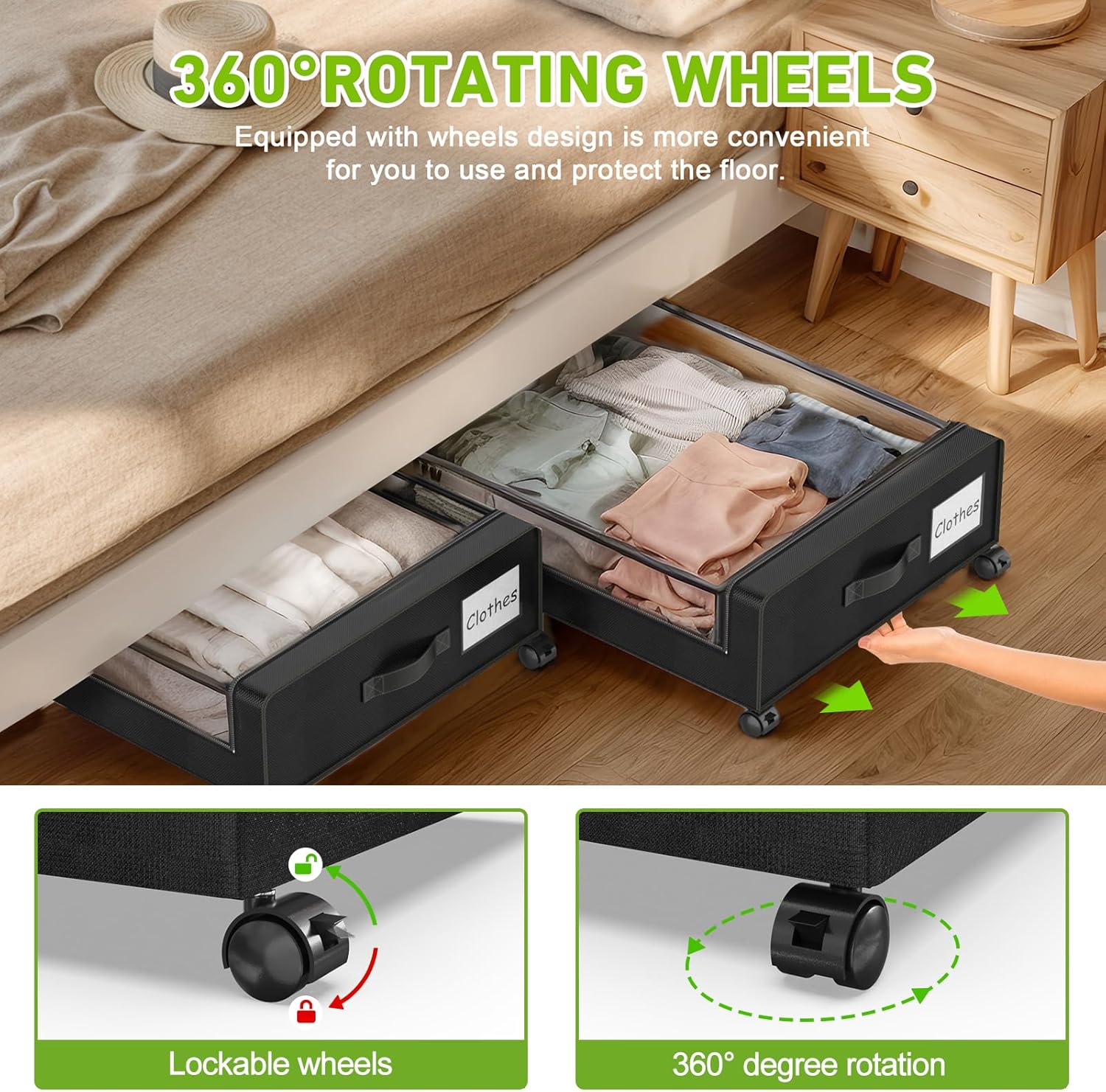 Beborxue Under Bed Storage with Wheels, 2-Pack Under the Bed Storage Containers with Lids, XXL 60L Under Bed Shoes