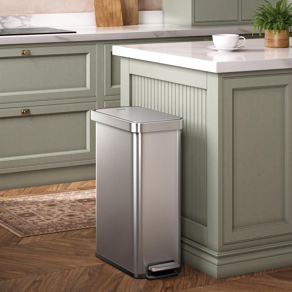 Hudson Slim 50L / 13.2 Gallon Kitchen Trash Can with Lid, Stainless Steel Step Garbage Can for Kitchen or Home