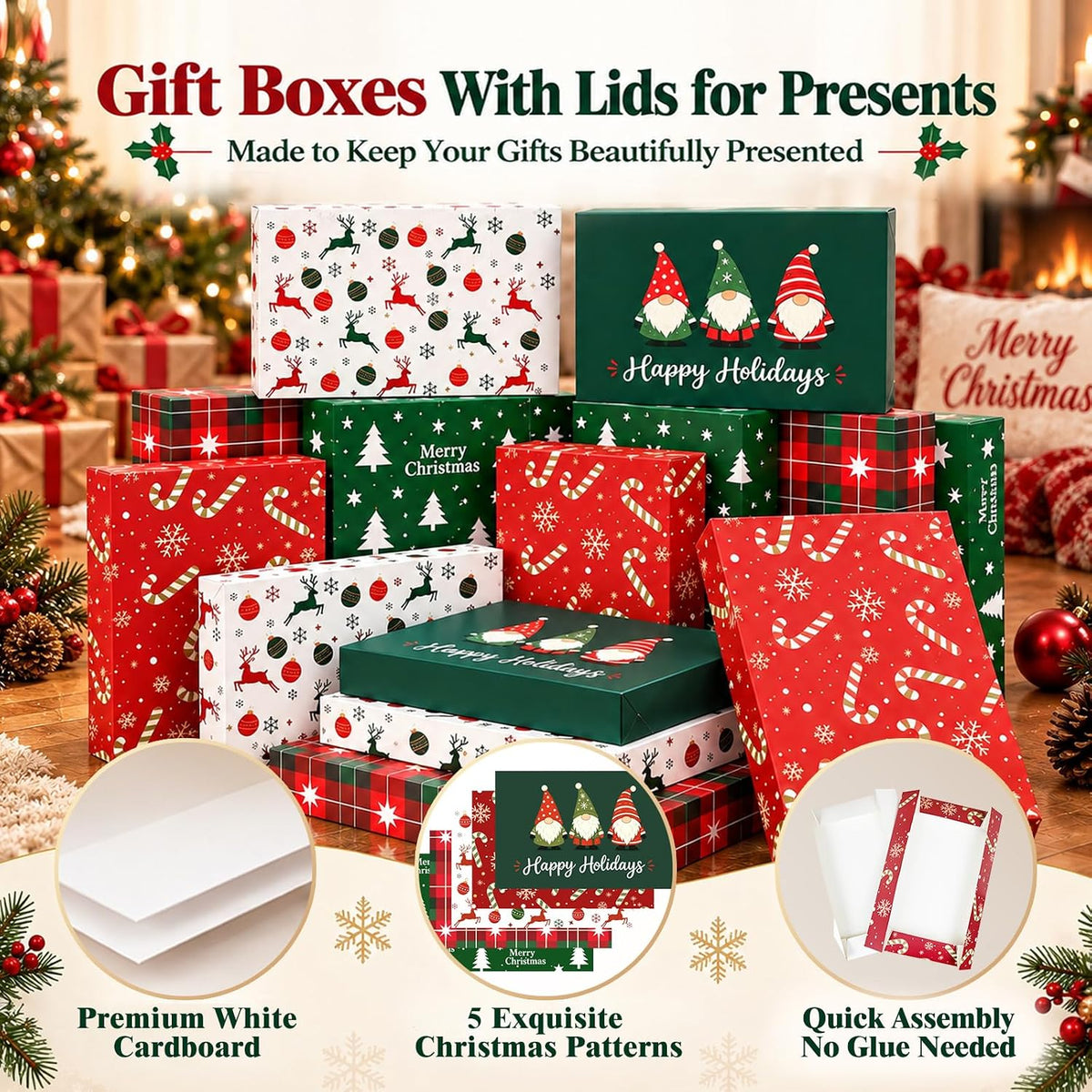 15 Pack Christmas Gift Boxes with Lids, 2 Sizes, 5 Festive Designs