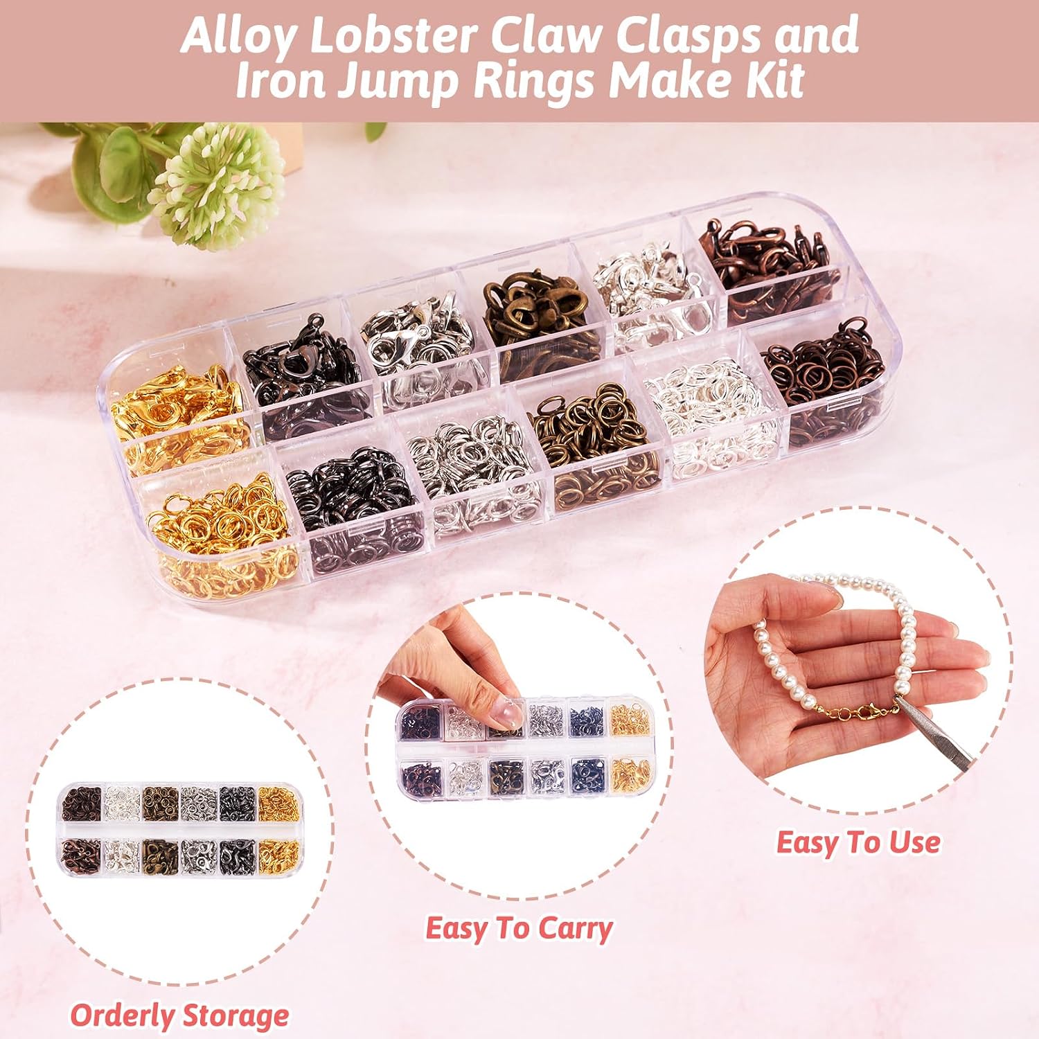 Pandahall 6 Colors Jewelry Finding Kits with 5mm Open Jump Rings & 12x6mm Lobster Claw Clasp for DIY Bracelet