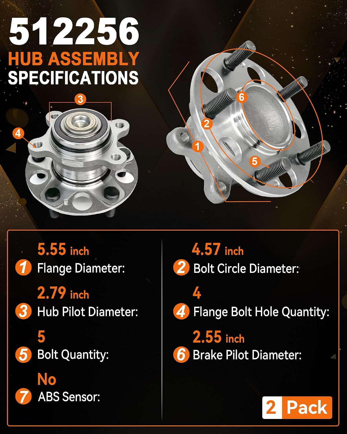 2Pcs 512256 Rear Wheel Bearing Hub Assembly Compatible with Honda Civic (EX, Si, DX, LX, GX) 2006 2007 2008 2009 2010 2011,w/ABS, 5 Lug