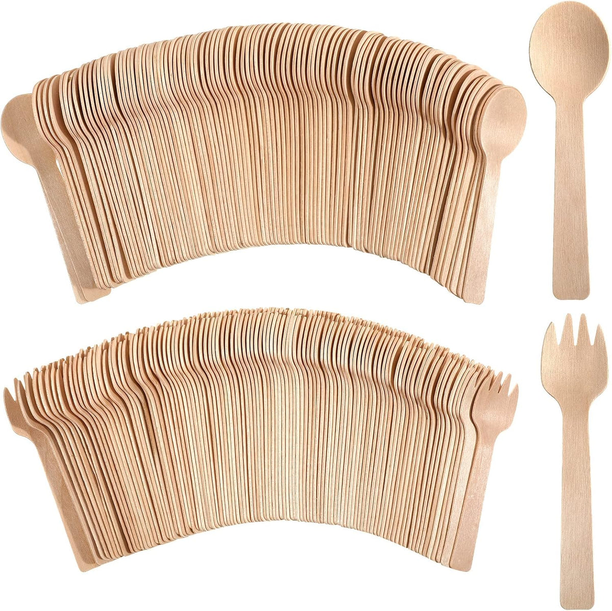 200 Count 4 Inch Spoons and Forks Mini Disposable Wooden Cutlery Set