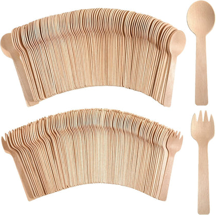 200 Count 4 Inch Spoons and Forks Mini Disposable Wooden Cutlery Set