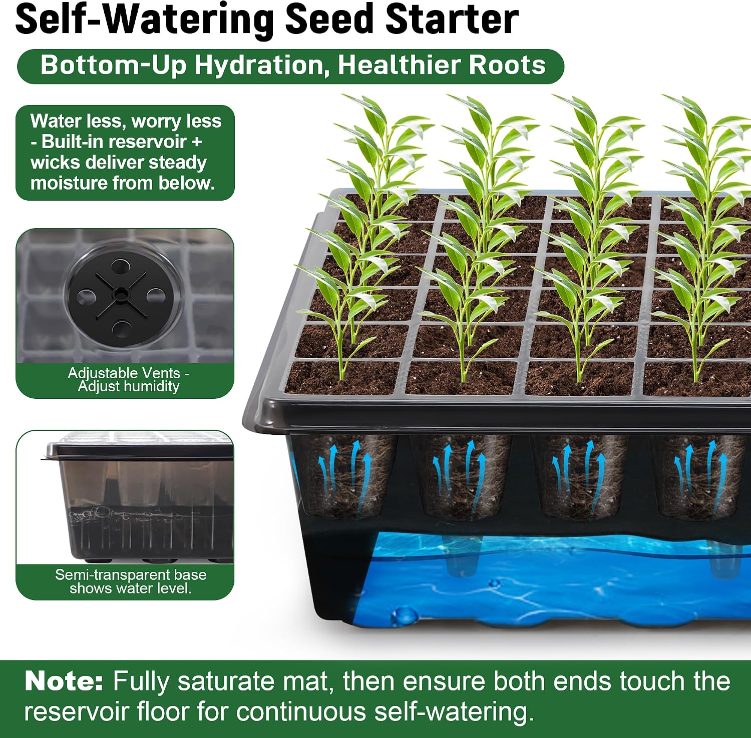 Seed Starter Kit, 60-Cell Tray with Grow Light and Heat Mat | Self-watering seedling tray with humidity dome, indoor