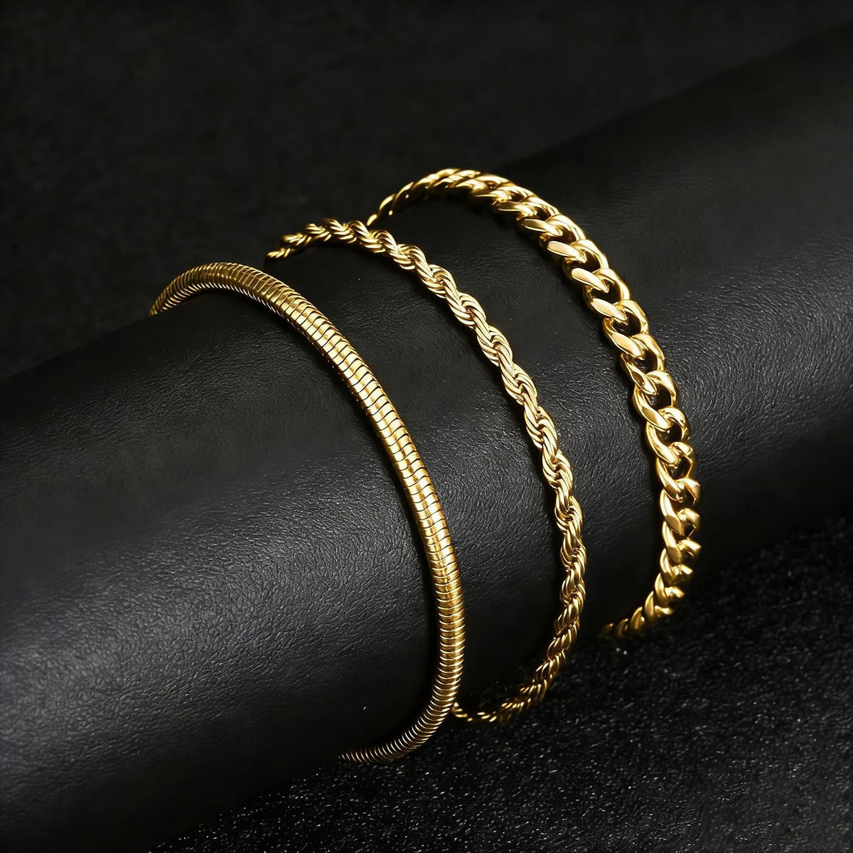 Gold Bracelets for Men Trendy - Dainty Gold Plated Stainless Steel Snake Link Bracelet Stack Rope Figaro Herringbone