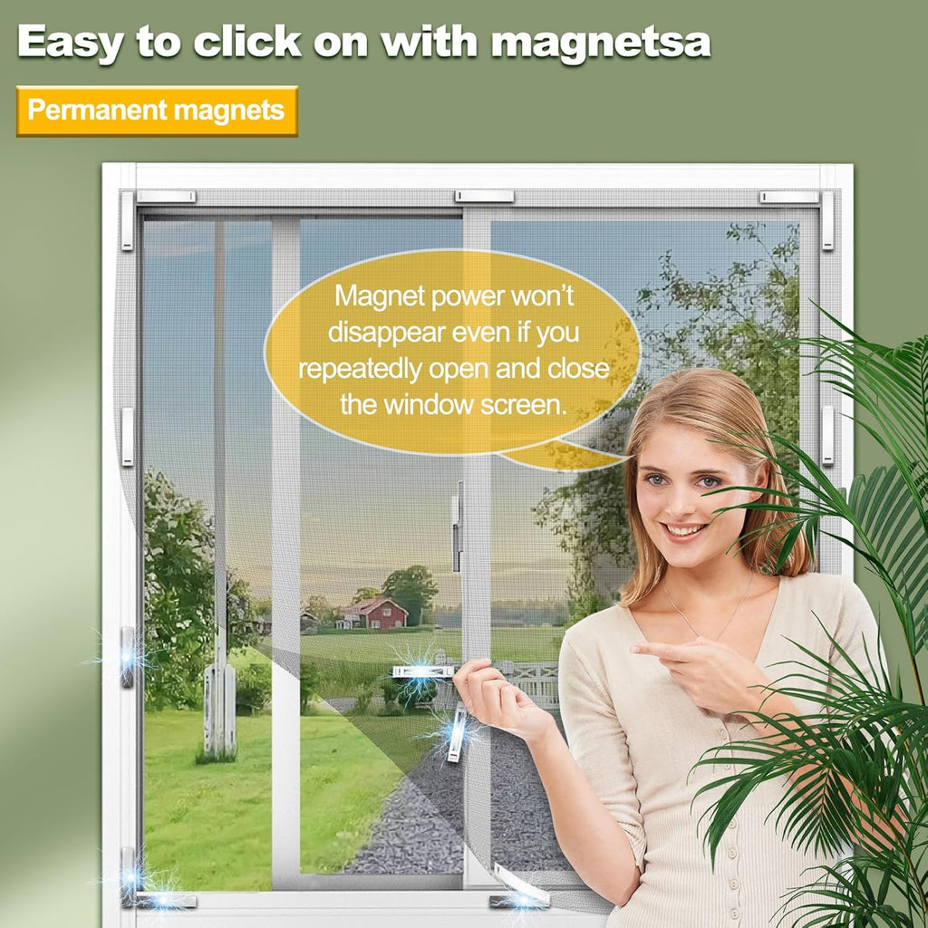 Magnetic Window Screen, Adjustable DIY Window Net Max 59” x 51” with Innovative Magnetic Fastener, Fiberglass Fine