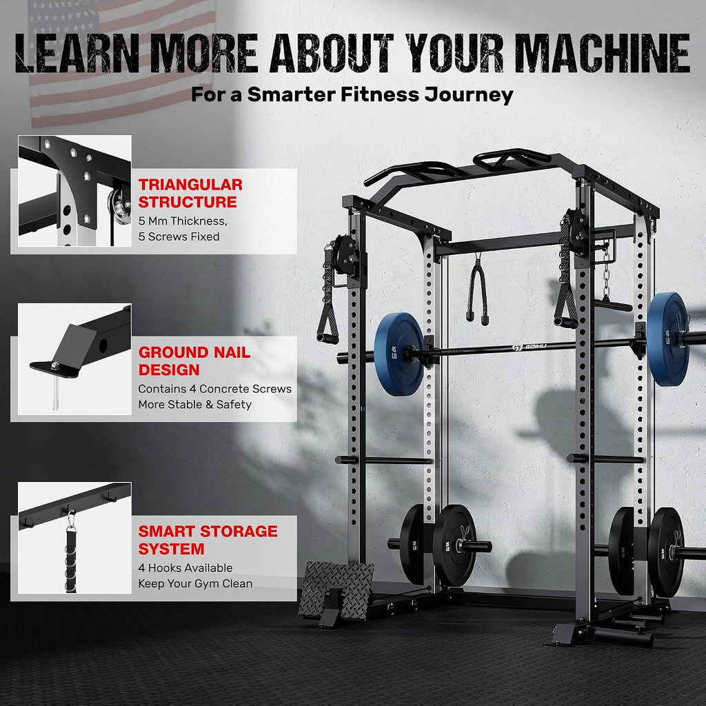 DP01 Power Cage, 2000LBS Squat Rack with Cable Crossover and Dual Independent Pulley System, Full Cage for Full Body
