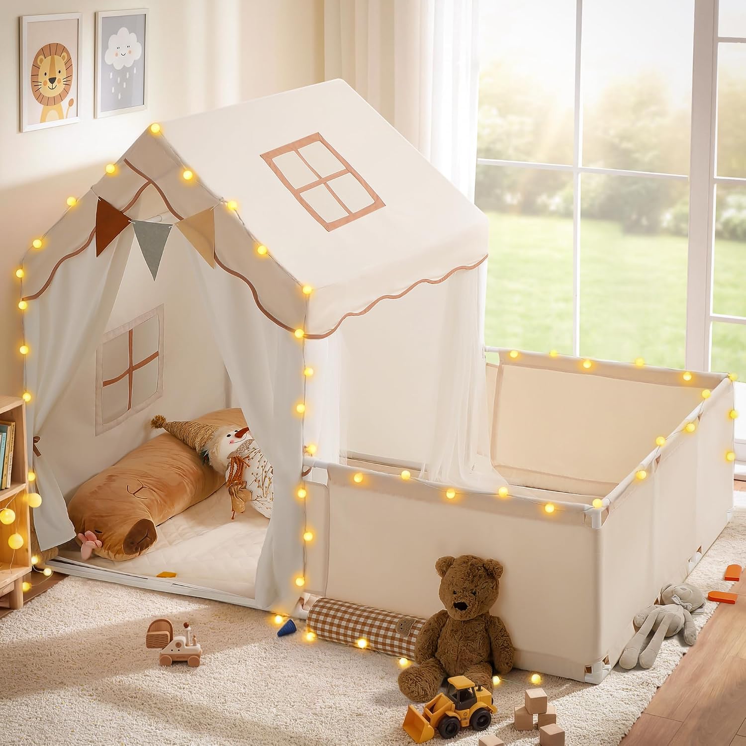 Kids Play Tent with Enclosure, Toddler Tent 2 in 1 with Padded Mat and Lights, Large Playhouse for Kids, Indoor &