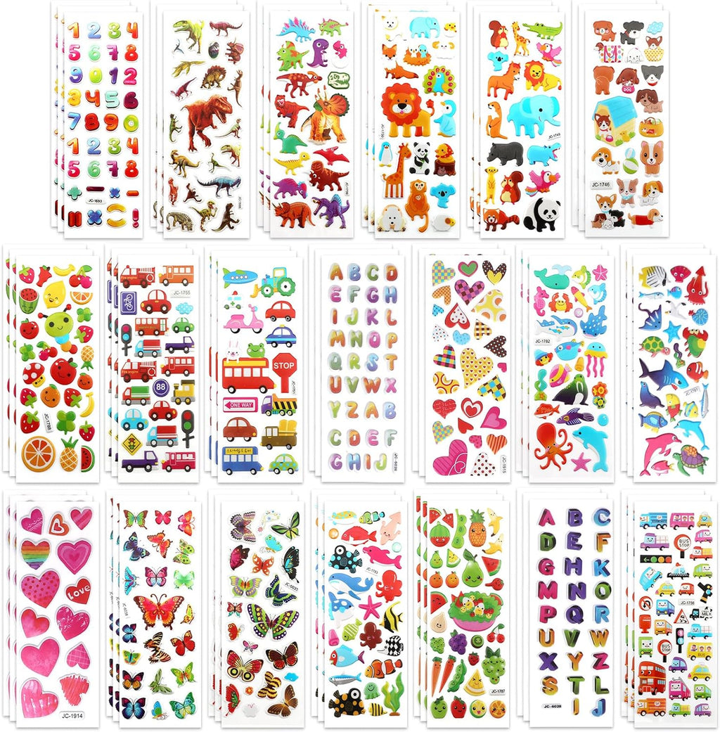 60 Sheets 3D Stickers for Kids & Toddlers, Self-Adhesive Puffy Stickers Variety Pack Includes Animals Letters Numbers