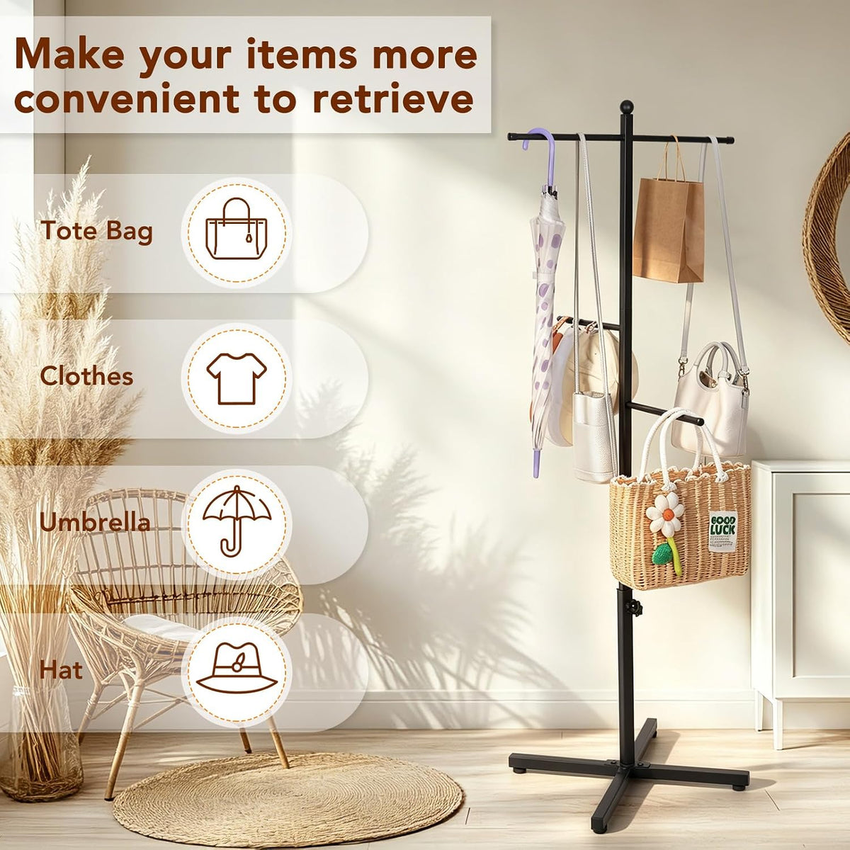 Adjustable Height Shopping Bag Rack, 48-60 Inch, Black