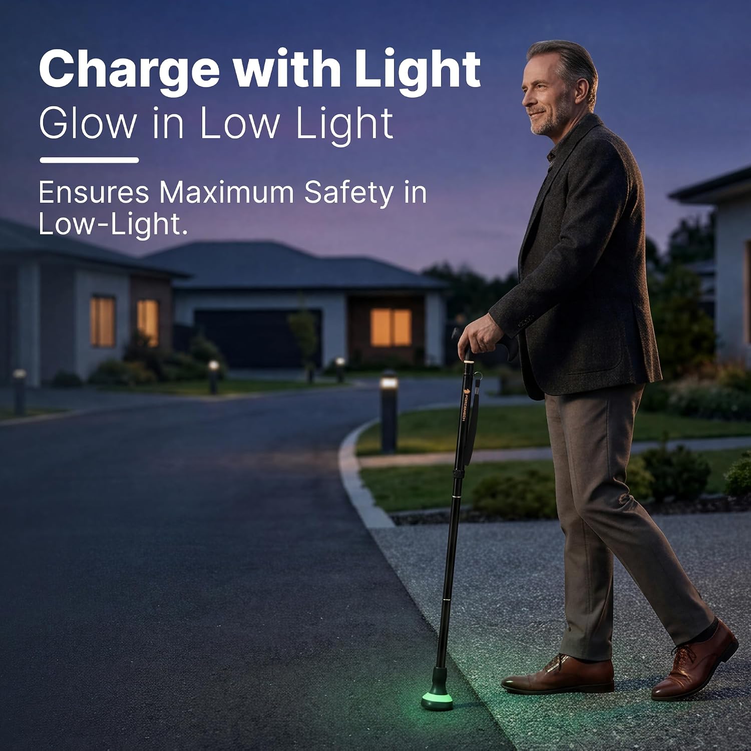 GlowGuard Walking Cane for Men & Women - Extra-Wide 2.68" Glow Cane Tip with Photoluminescent Ring, Height Adjustable