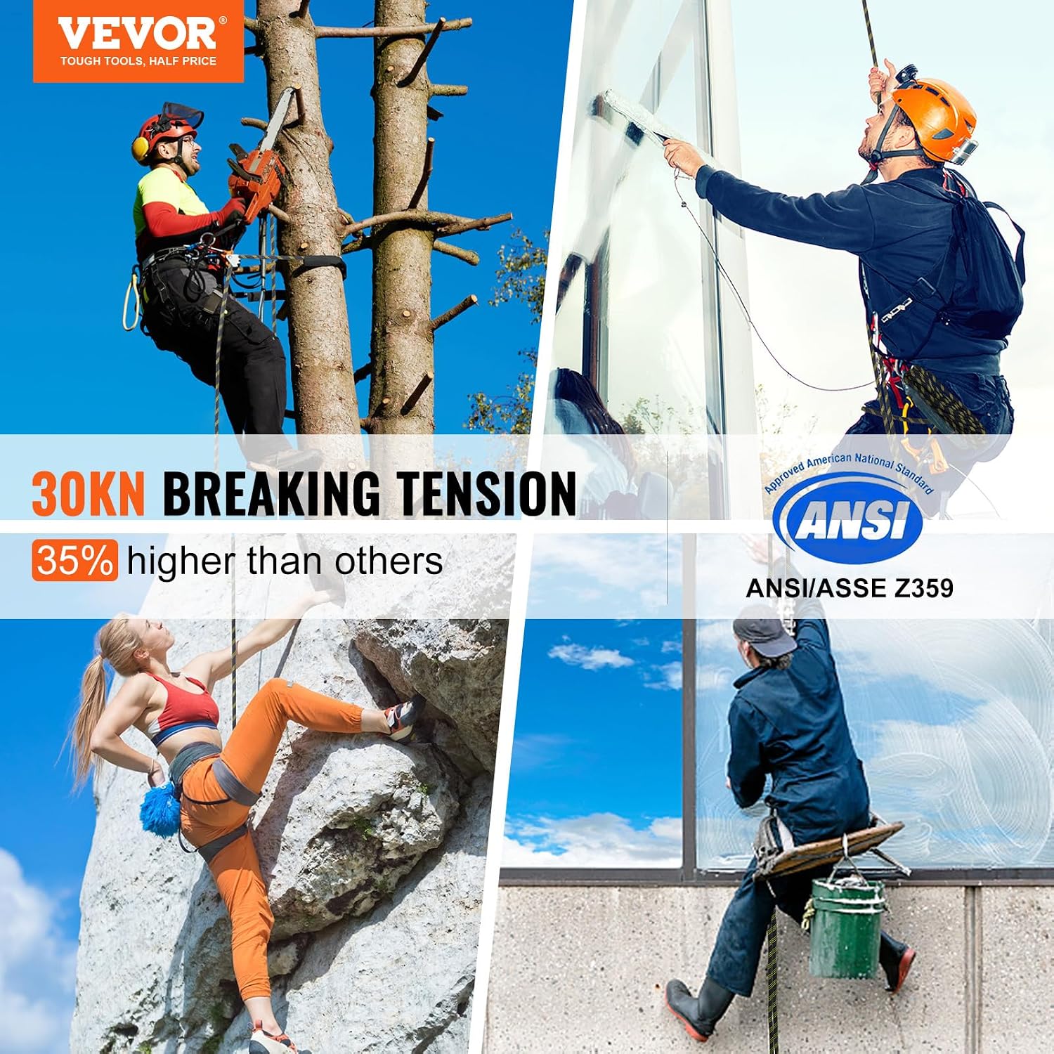 Vertical Lifeline Assembly, 0.55'' x 50' Fall Protection Rope with 30 KN Breaking Tension, Polyester Roofing Rope