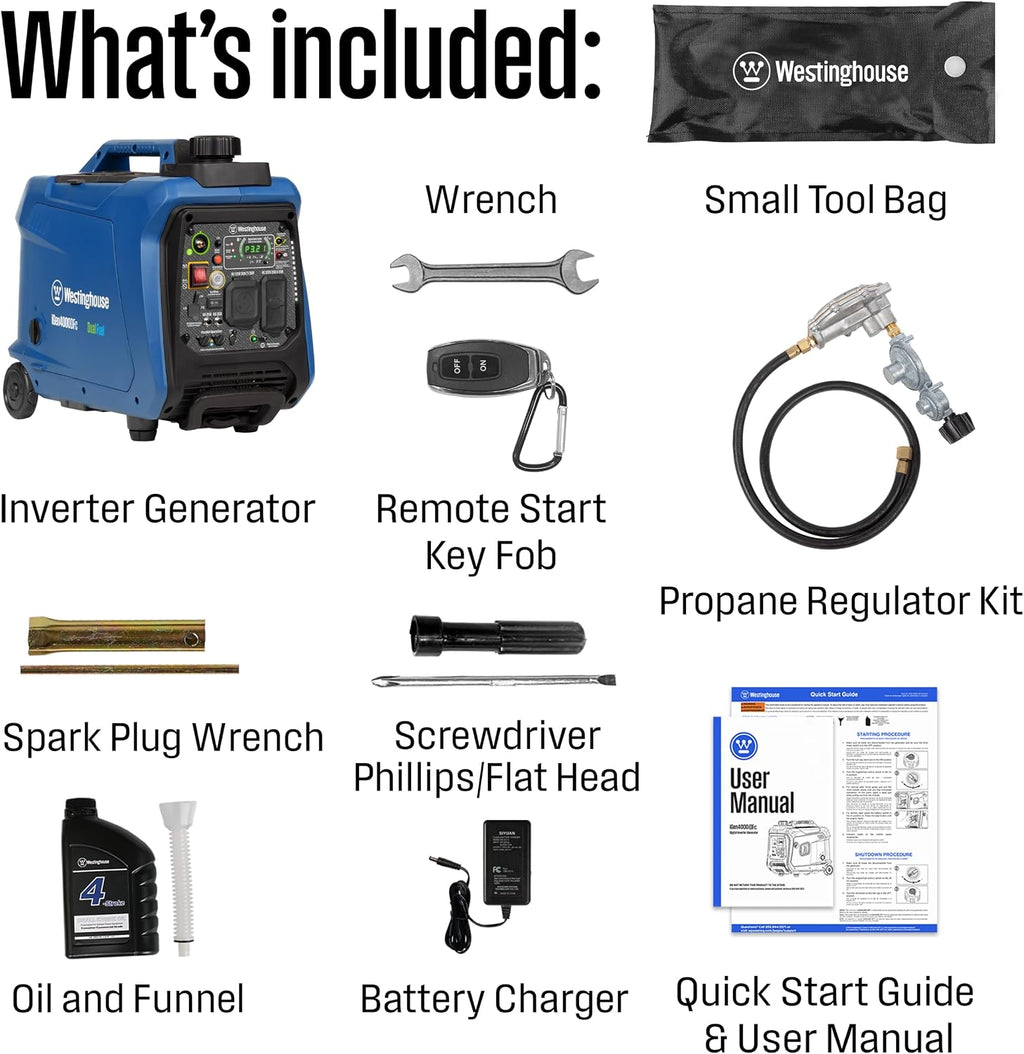 4000 Peak Watt Super Quiet Dual Fuel Portable Inverter Generator, Remote Electric Start, Gas & Propane Powered, RV