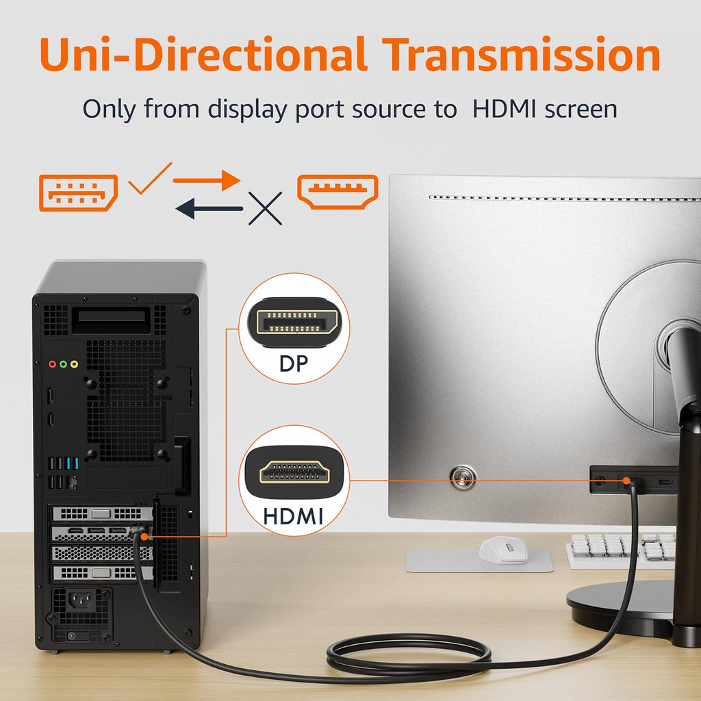 DisplayPort to HDMI Cable, Uni-Directional, Gold-Plated, Video and Audio, 3 Foot, Black