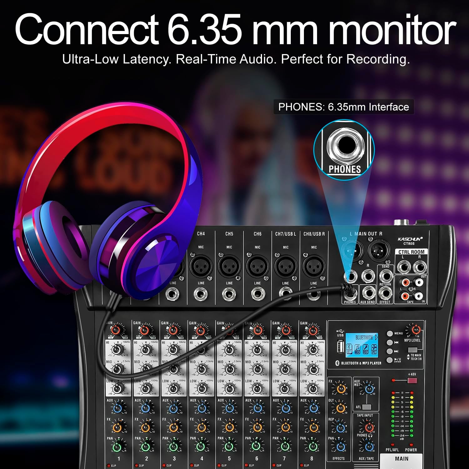 8-Channel Audio Mixer, Recording Sound Board with Bluetooth | DJ Mixer Board with 48V Phantom, USB & XLR Interface