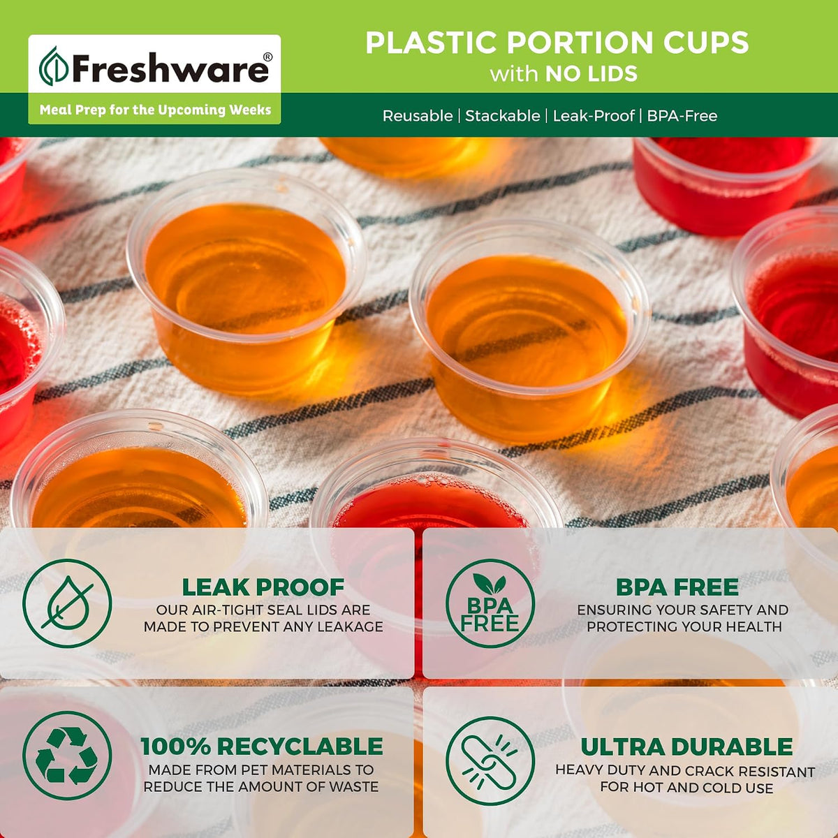 Plastic Portion Cups (No Lids) [2 Ounce, 250 Count] Disposable Plastic Cups for Meal Prep, Salad Dressing, Jellos