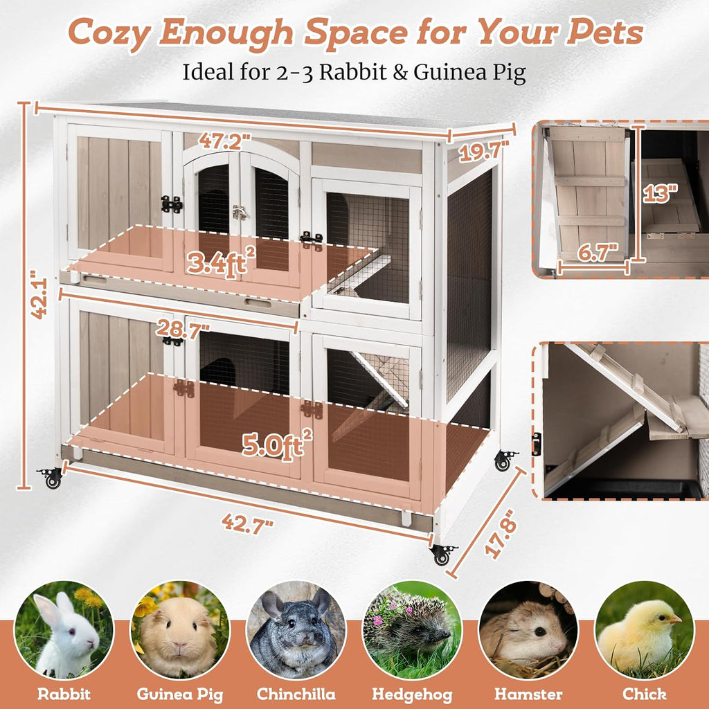 2 Story Large Rabbit Hutch Indoor with 2 Deeper Pull-Out Trays, Wooden Rabbit Cage with 4 Lockable Wheels, Ramp