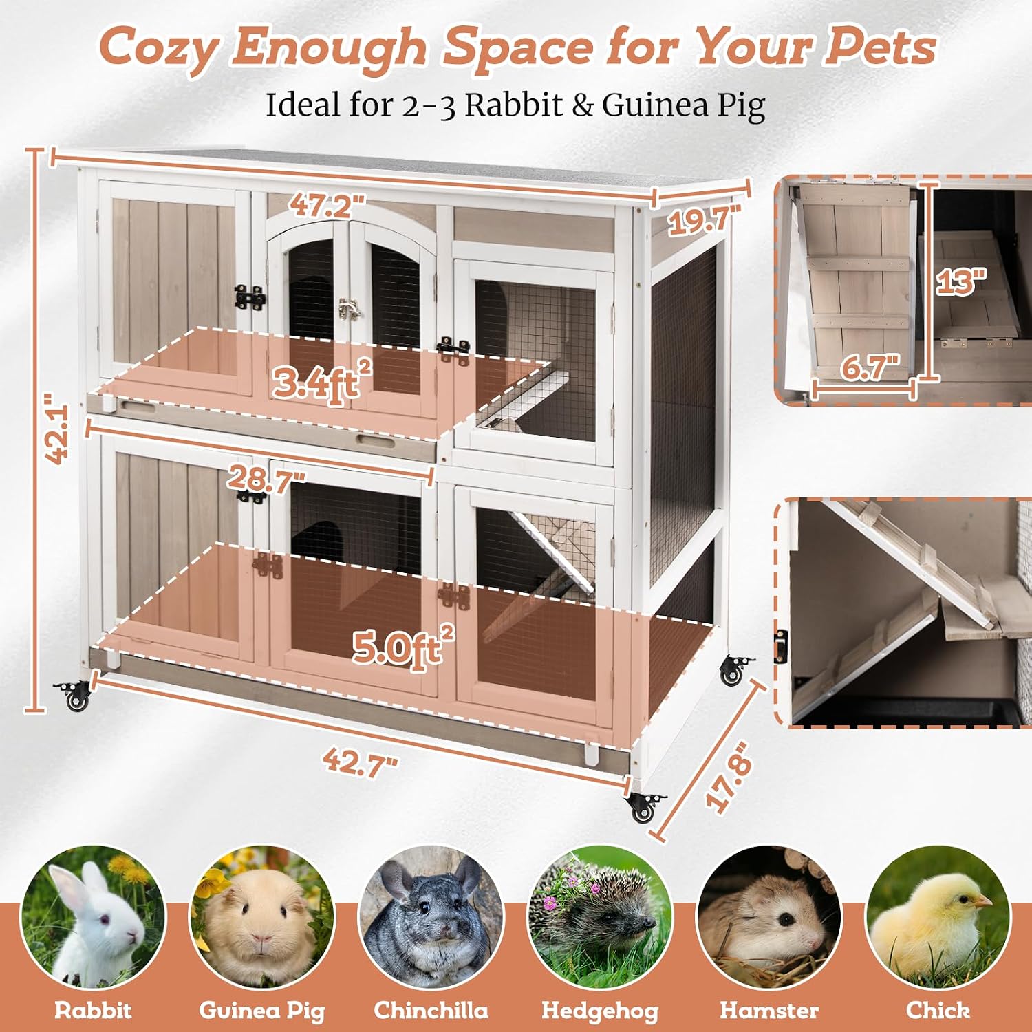 2 Story Large Rabbit Hutch Indoor with 2 Deeper Pull-Out Trays, Wooden Rabbit Cage with 4 Lockable Wheels, Ramp