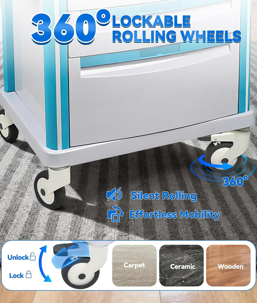Medical Rolling Storage Crash Cart with Wheels & Drawers, Hospital Mobile Ultrasound cart with 5 Drawers & Power