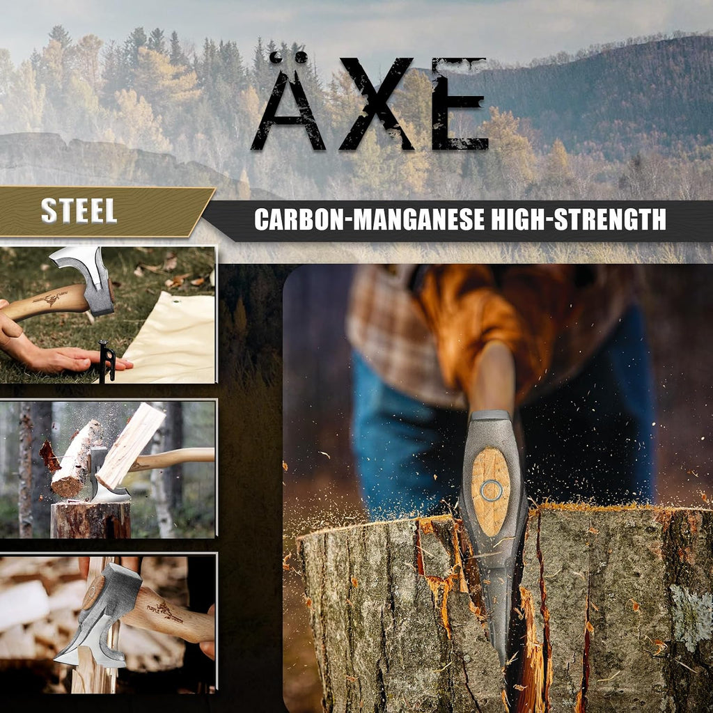 Camping Hatchet 14.7 Inch Hand Forged Splitting Axe | Hand Forged Blade, Wooden Handle, Leather Sheath, Gift Box