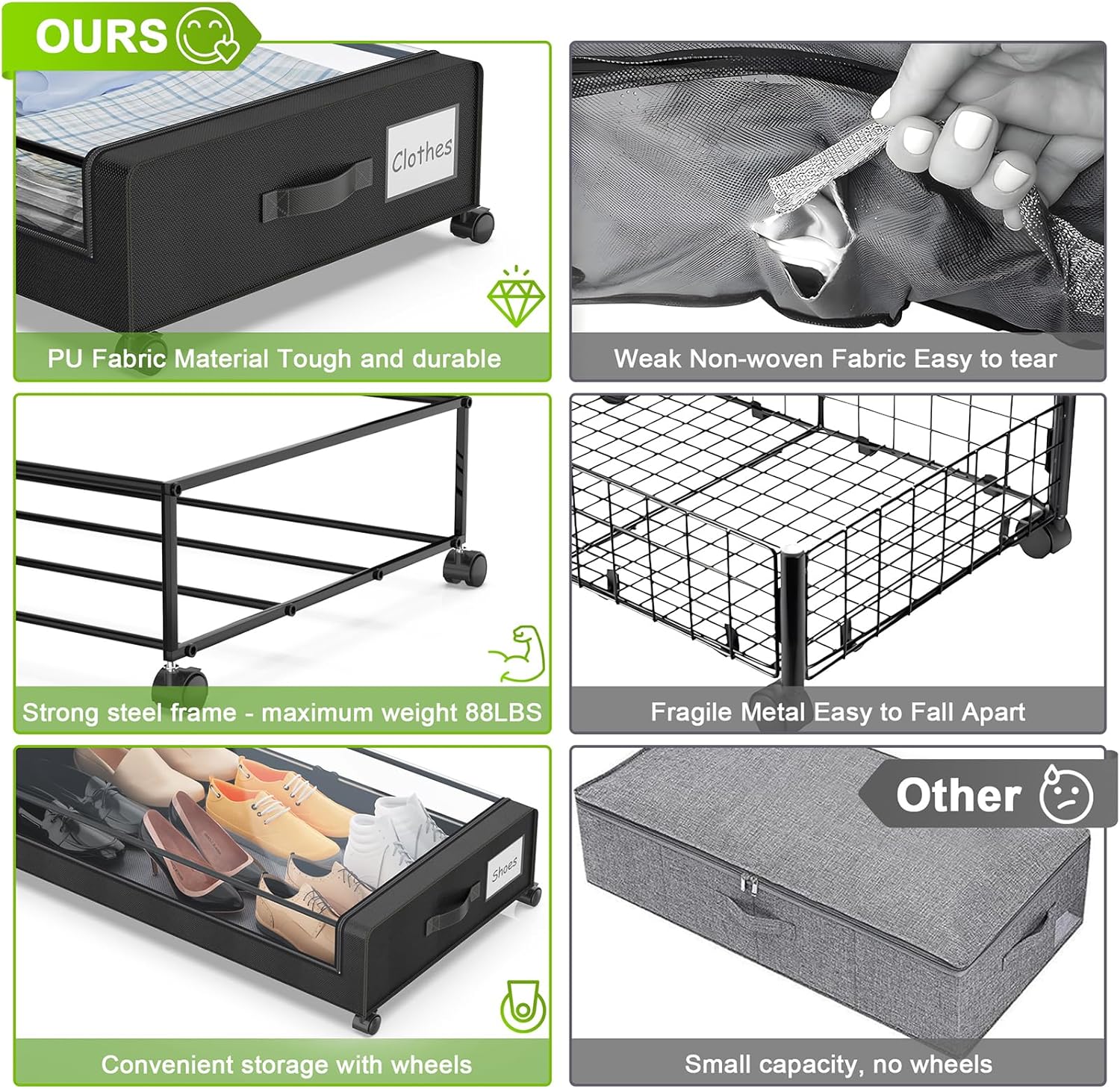 Beborxue Under Bed Storage with Wheels, 2-Pack Under the Bed Storage Containers with Lids, XXL 60L Under Bed Shoes