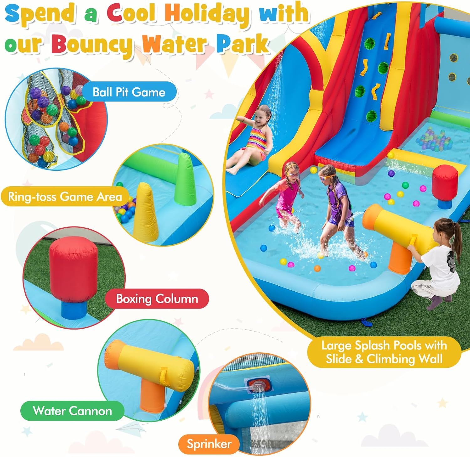 Inflatable Water Slide, 14 x13FT Kids Mega Waterslide Park w/Super Long Slide for Racing Fun, Ball Pit & Ring-toss