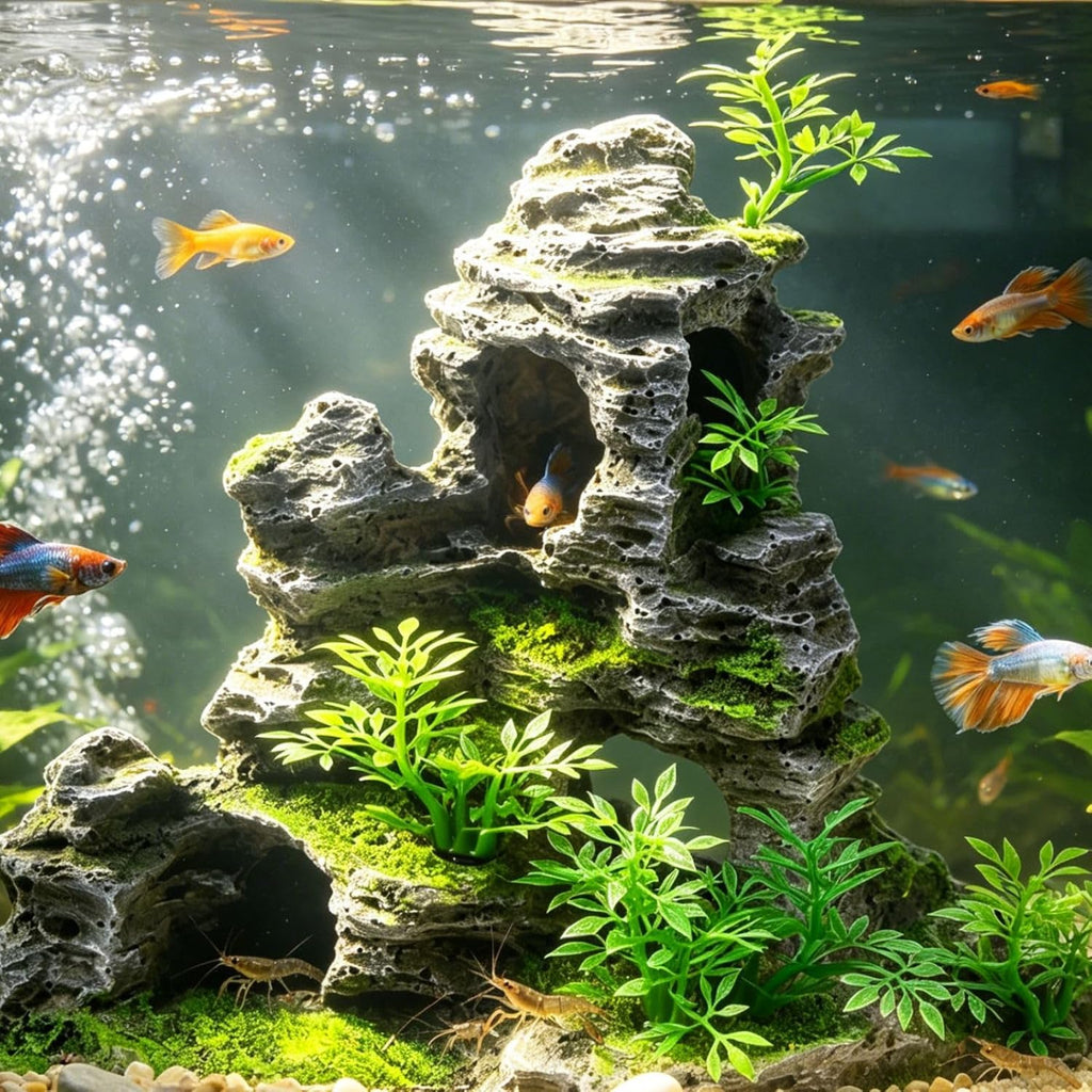 Aquarium Mountain View Stone Ornament, Artificial Mountain Hill View Stone Rock Cave Aquarium Decorations Fish Tank