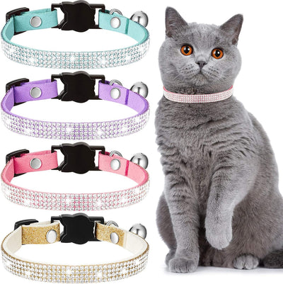 4 Pieces Rhinestones Cat Collars Breakaway Cat Collar with Bell Bling Pet Accessories with Soft Velvet, 4
