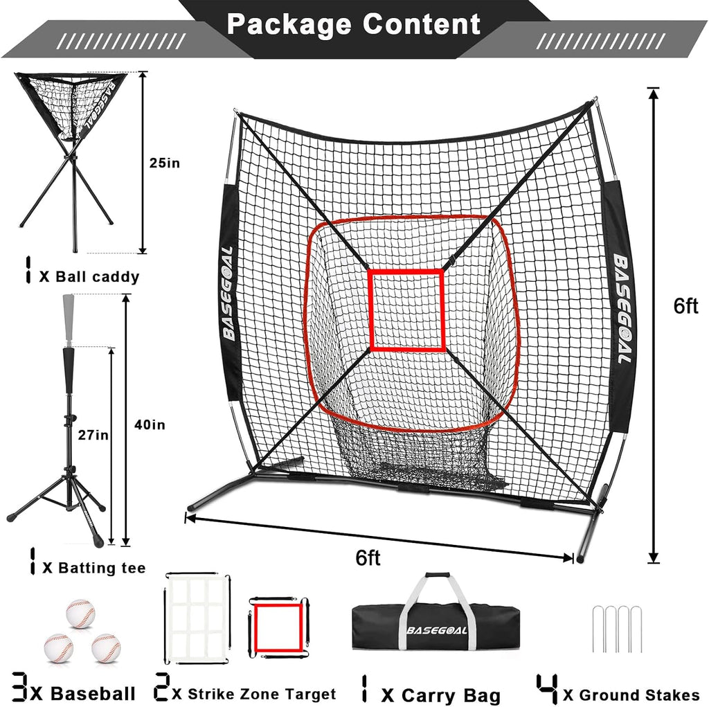 6x6ft Baseball Practice Net with Batting Tee,Caddy and Strike Zone | Baseball backstop net with 7-strand knotless