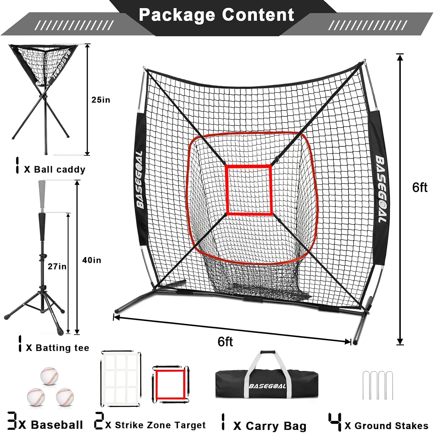 6x6ft Baseball Practice Net with Batting Tee,Caddy and Strike Zone | Baseball backstop net with 7-strand knotless