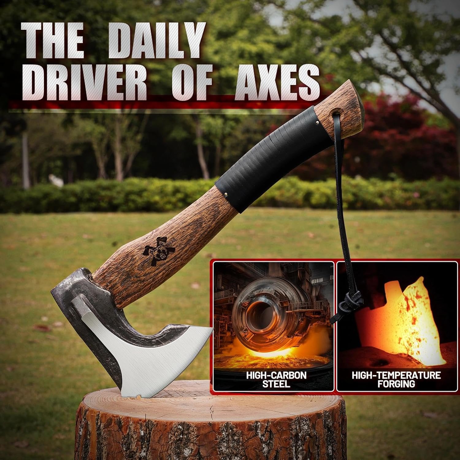 13" Camping Hatchet, Survival Axe with Sheath, High Carbon Steel and Wood Handle, Anti-Slip Grip – Ideal for