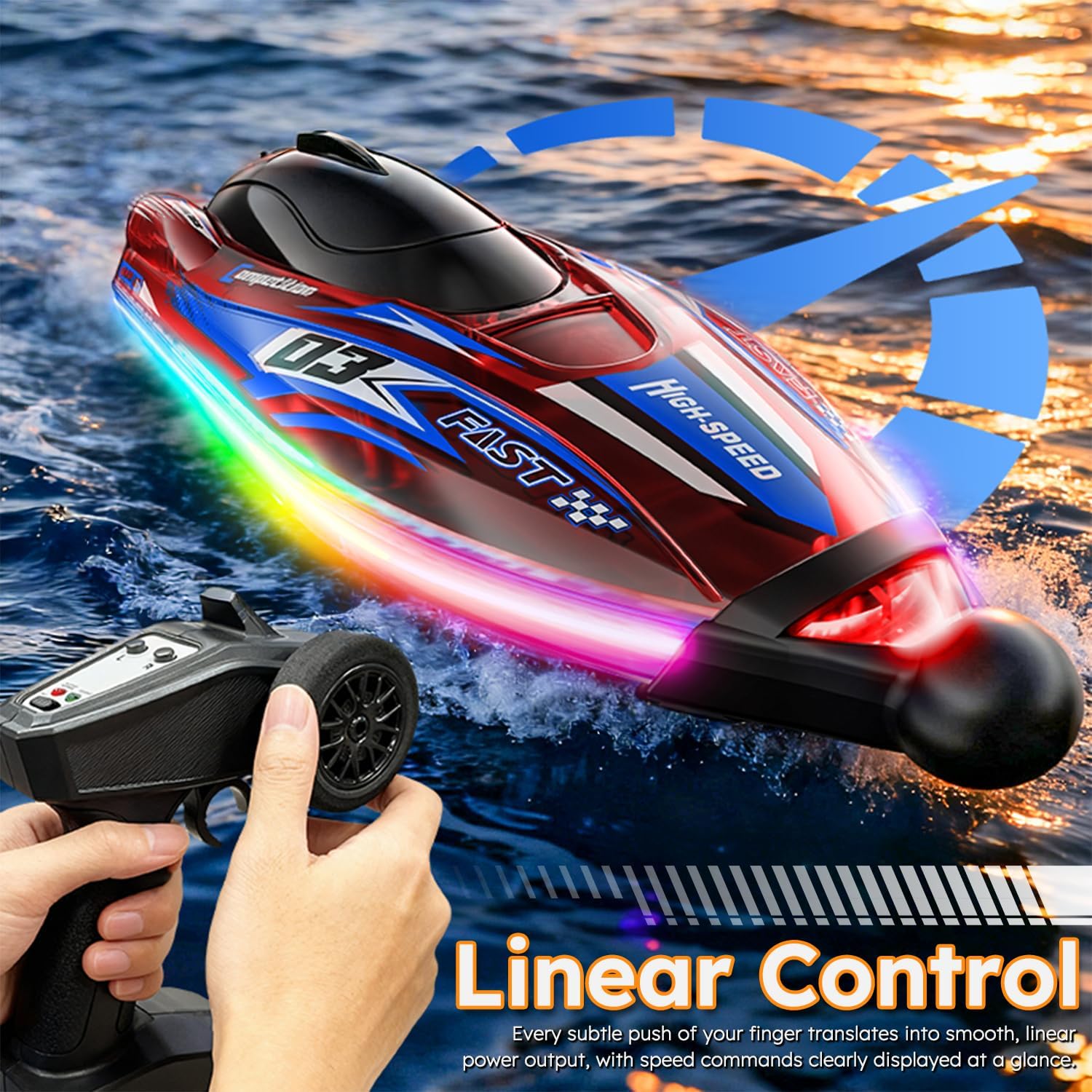 RC Boat for Kids, Brushless Remote Control Boat with LED Light,25KM/H 2.4GHz Racing Speed Boats with 2 Batteries