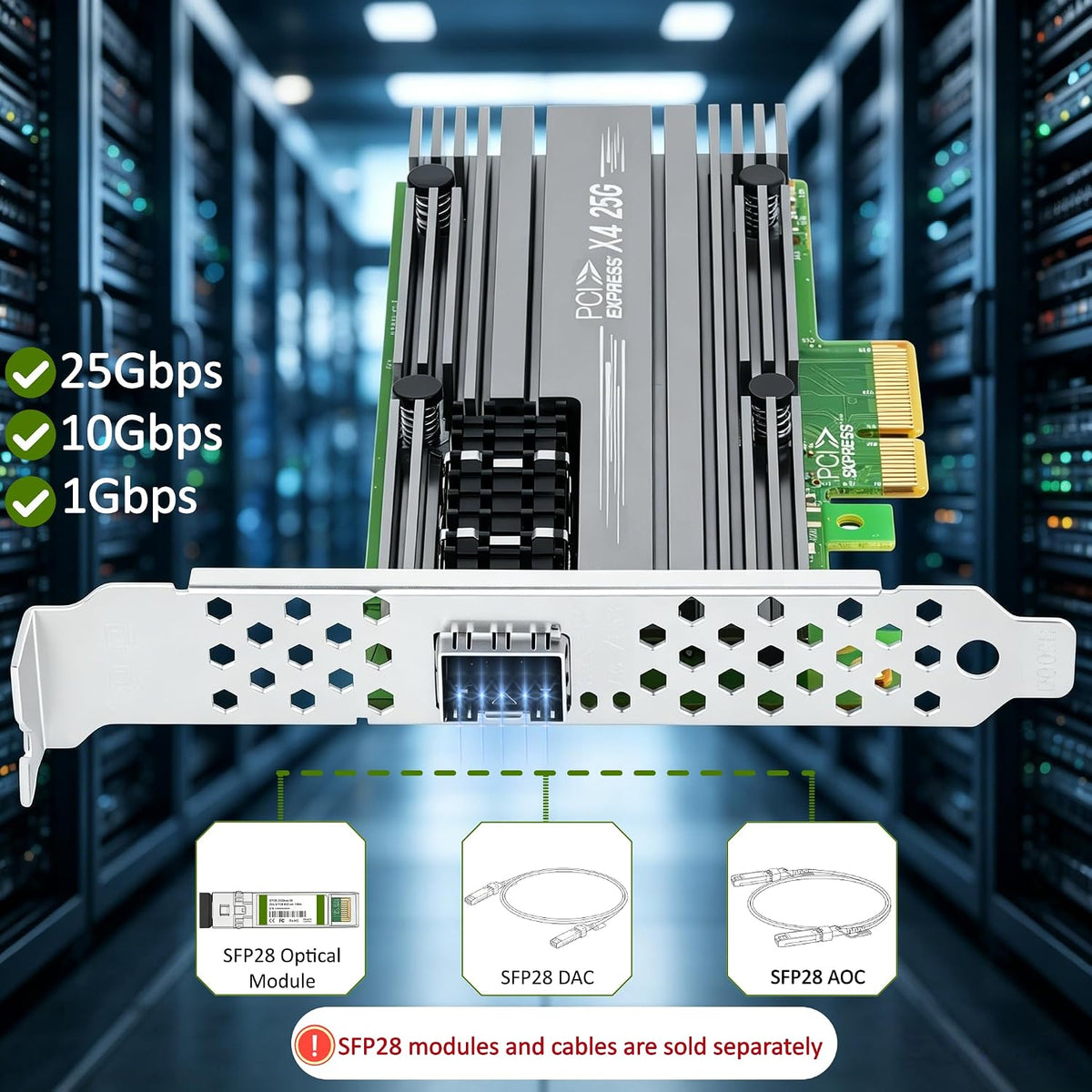 for Mellanox ConnectX4 25Gb Ethernet Server Adapter, PCIe 3.0 X4, 1*SFP28 Ports, RDMA, 25/10 / 1 Gbps, 25Gigabit NIC Support Windows Server/Windows/Ubuntu/Linux