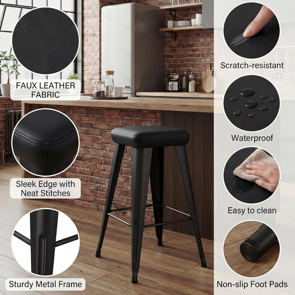 Backless Bar Stools Set of 4, 30" Black PU Leather Barstools