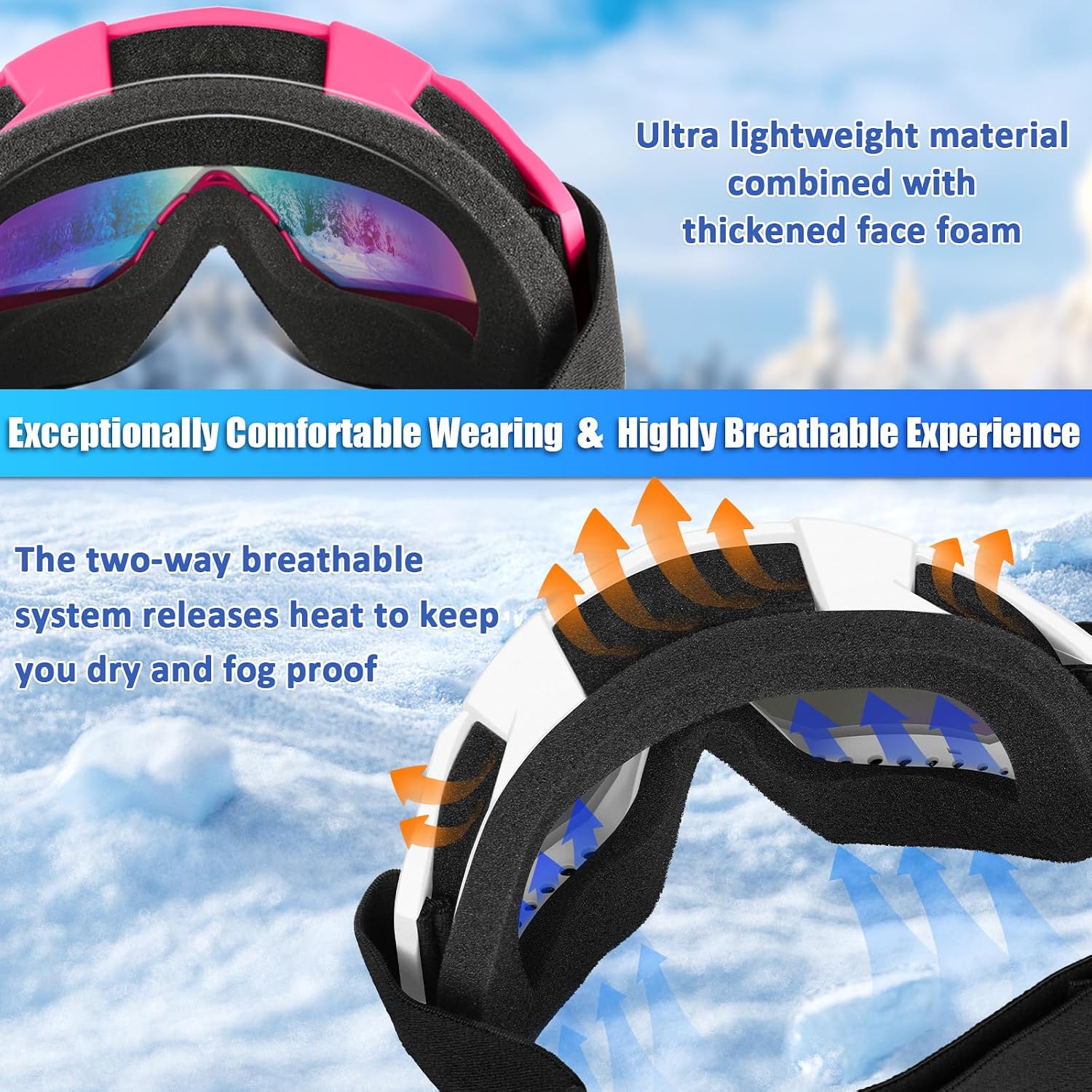 Ski Goggles, OTG Snowboard Goggles for Men Women & Youth, Winter Sport Anti Fog Snow Goggles - UV400 Protection