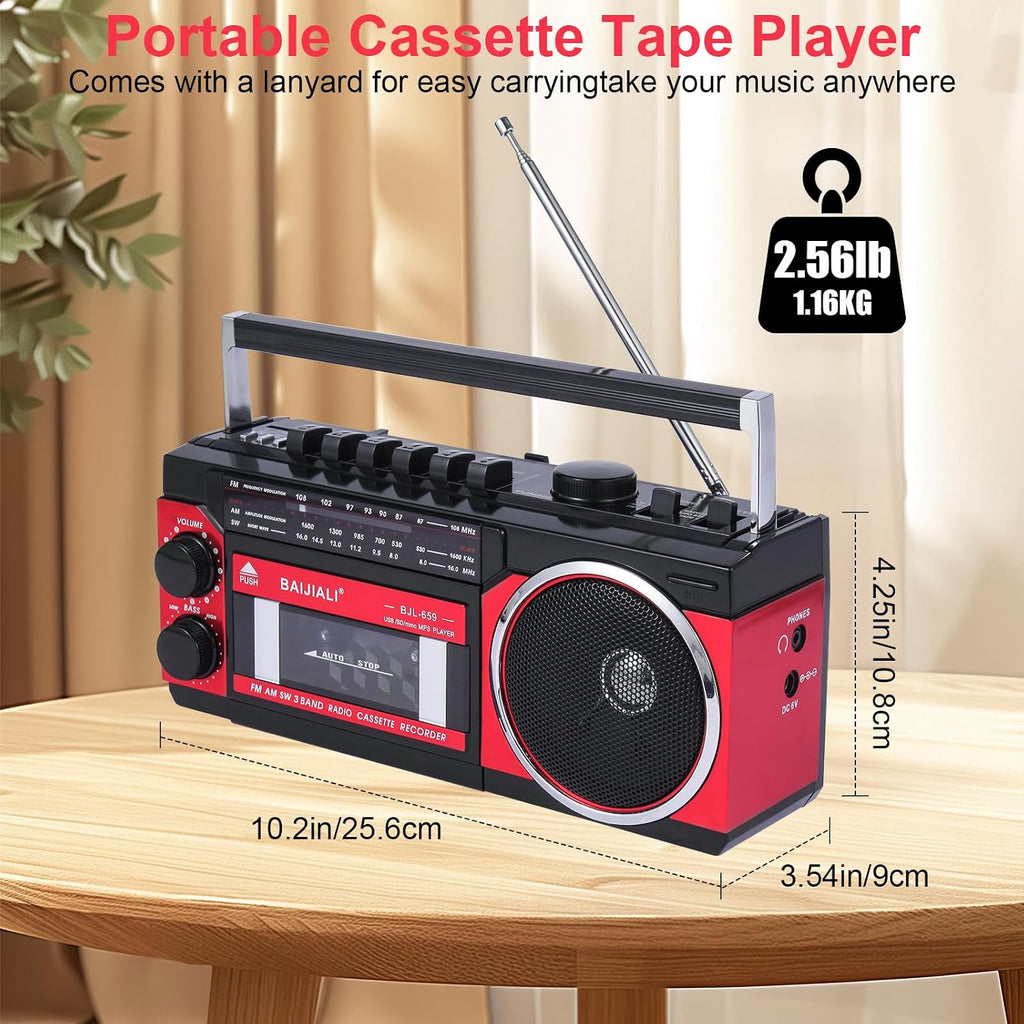 Portable Cassette Player with AM/FM/SW Radio & BT | Boombox for Home and Travel, Record from Radio, Play via SD/USB