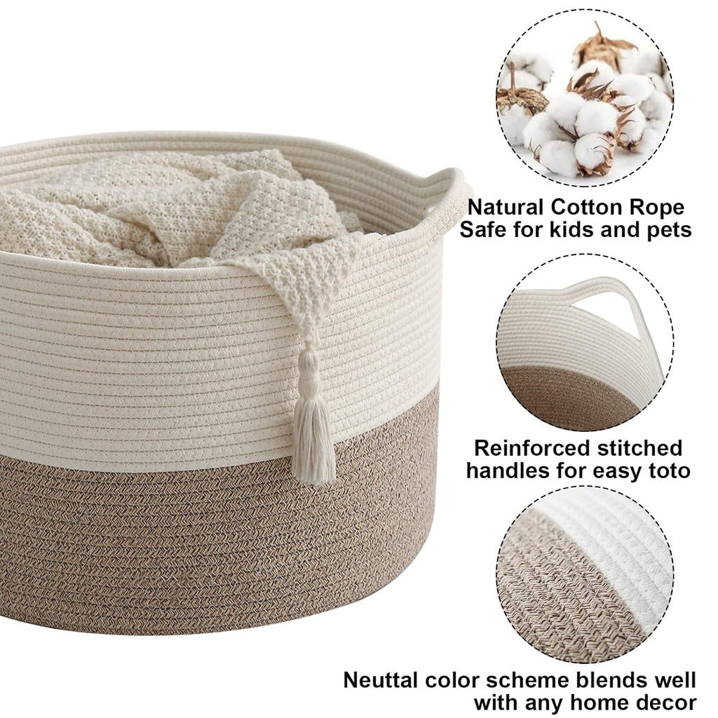 Large Woven Blanket Basket,65L Cotton Rope Laundry Basket Hamper with Handles, Decorative Nursery Basket Storage Bin