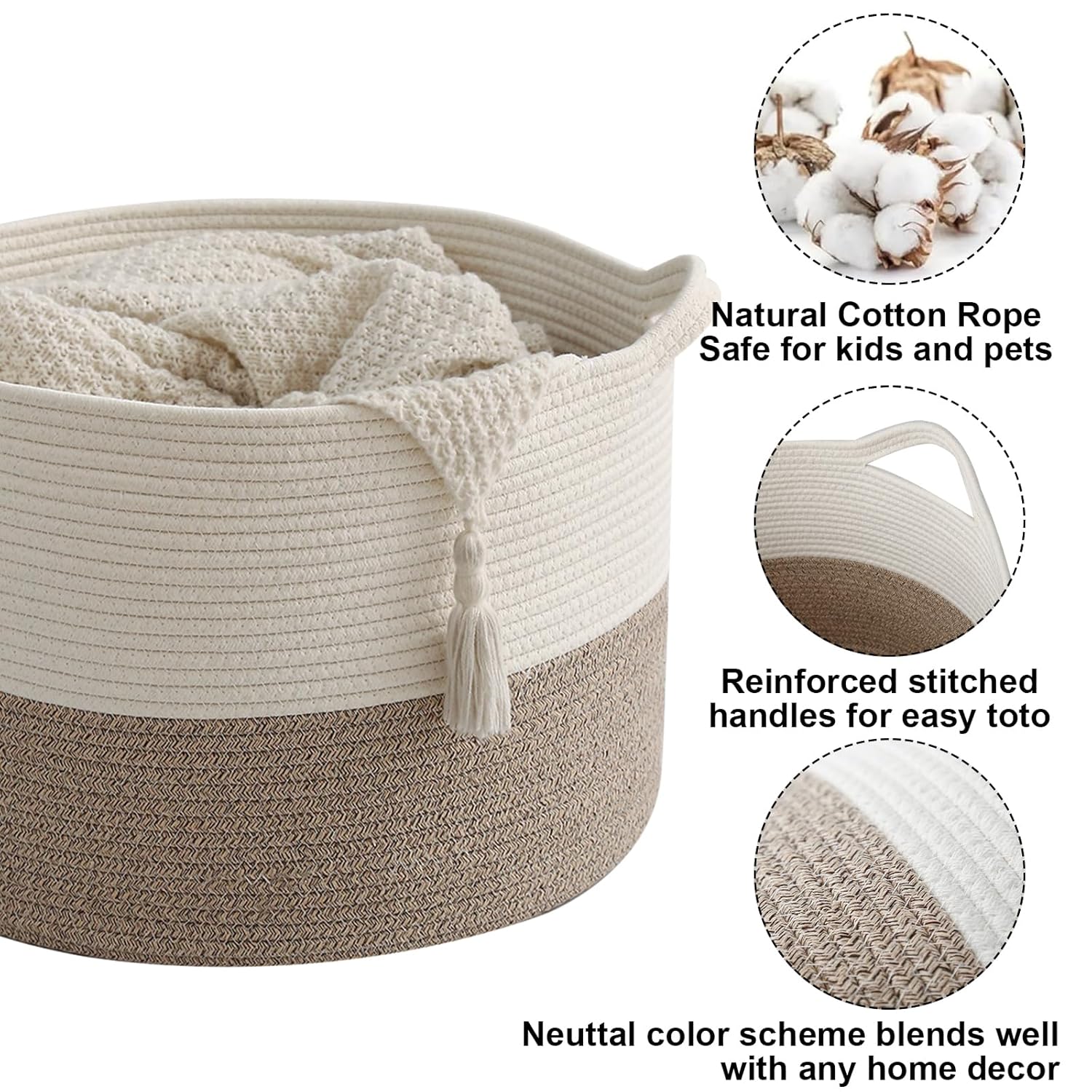 Large Woven Blanket Basket,65L Cotton Rope Laundry Basket Hamper with Handles, Decorative Nursery Basket Storage Bin