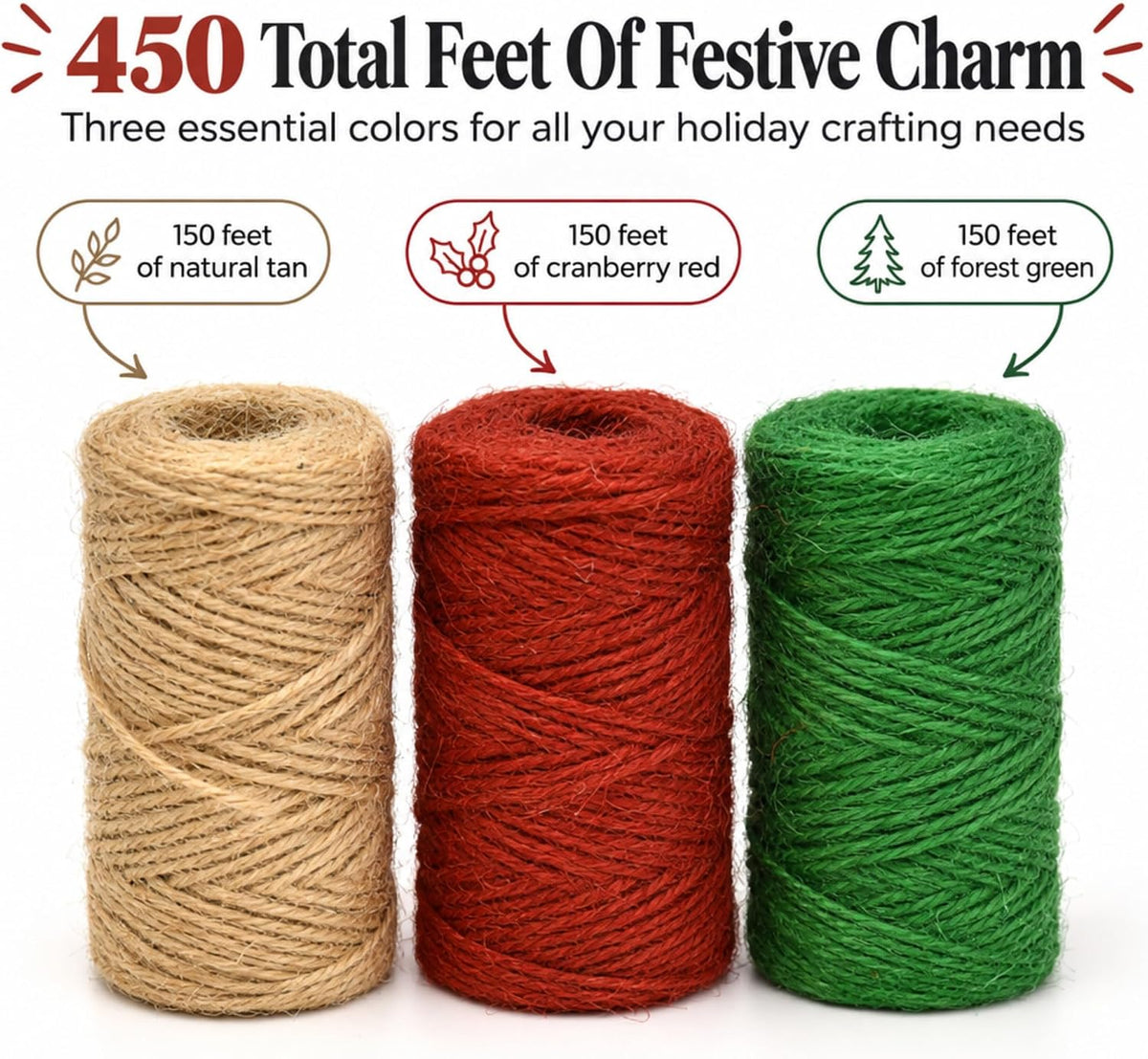Christmas Baker's Jute Twine, 3 Rolls of Decorative Holiday String