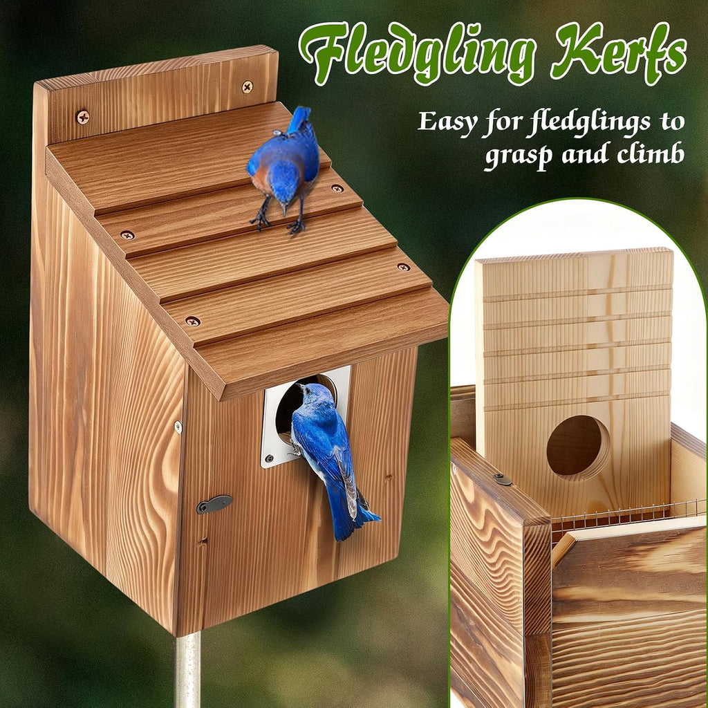 4 Pack Bluebird Houses for Outside with Metal Predator Guard, 1-1/2" Entrance Hole Wooden Blue Bird Houses for